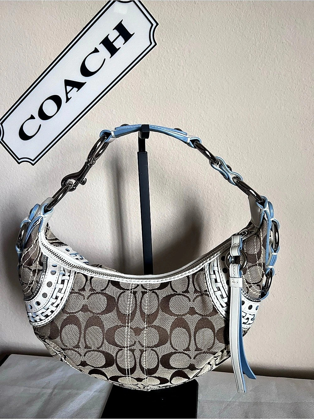Coach Vintage Signature Braided Mini Hobo Bag Brown & White